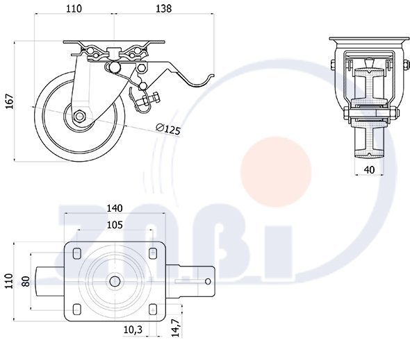 Plastové koleso 125 mm otočná vidlica 