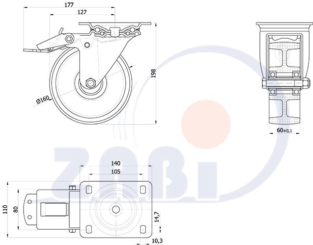 Plastové koleso 160 mm otočná vidlica