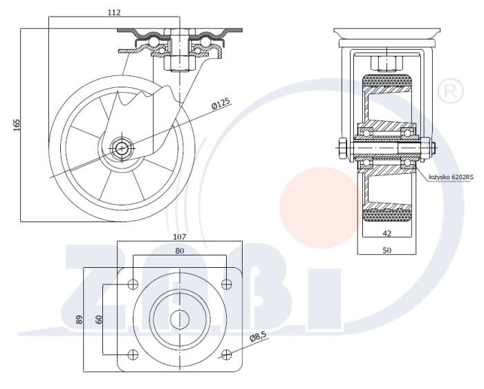 Polyuretánové koleso 125 mm otočná vidlica