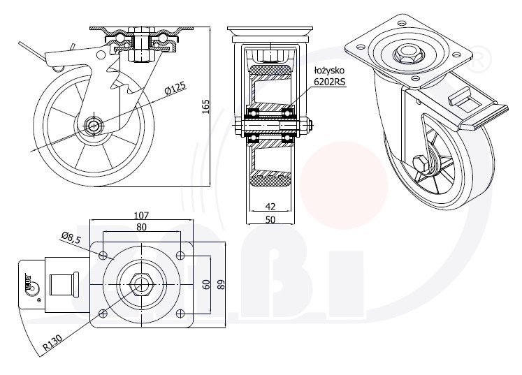 Polyuretánové koleso 125 mm otočná vidlica