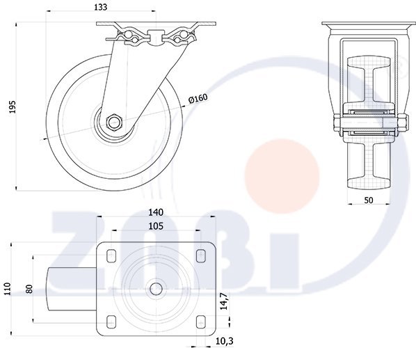 Plastové koleso 160 mm nerezová otočná vidlica ZABI