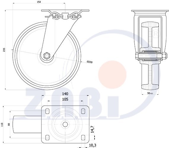 Plastové koleso 200 mm nerezová otočná vidlica ZABI