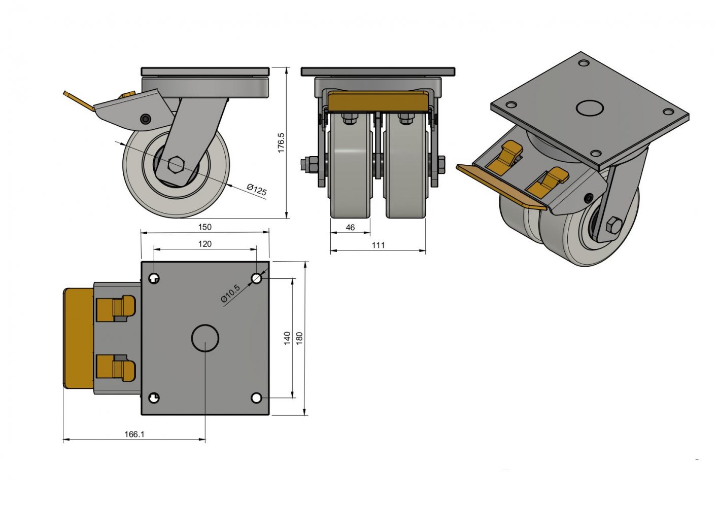 Polyamidové zdvojené koleso pre vysoké zaťaženie 125 mm ZABI