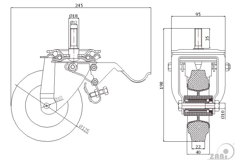 Gumové koleso 125 mm otočná vidlica s brzdou a čapom M12 ZABI