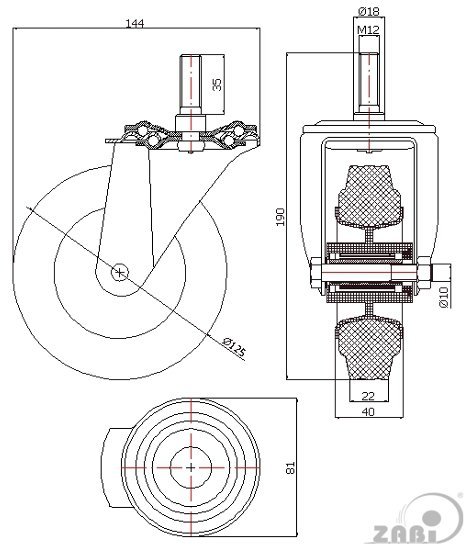 Gumové koleso 125 mm otočná vidlica s čapom M12 ZABI